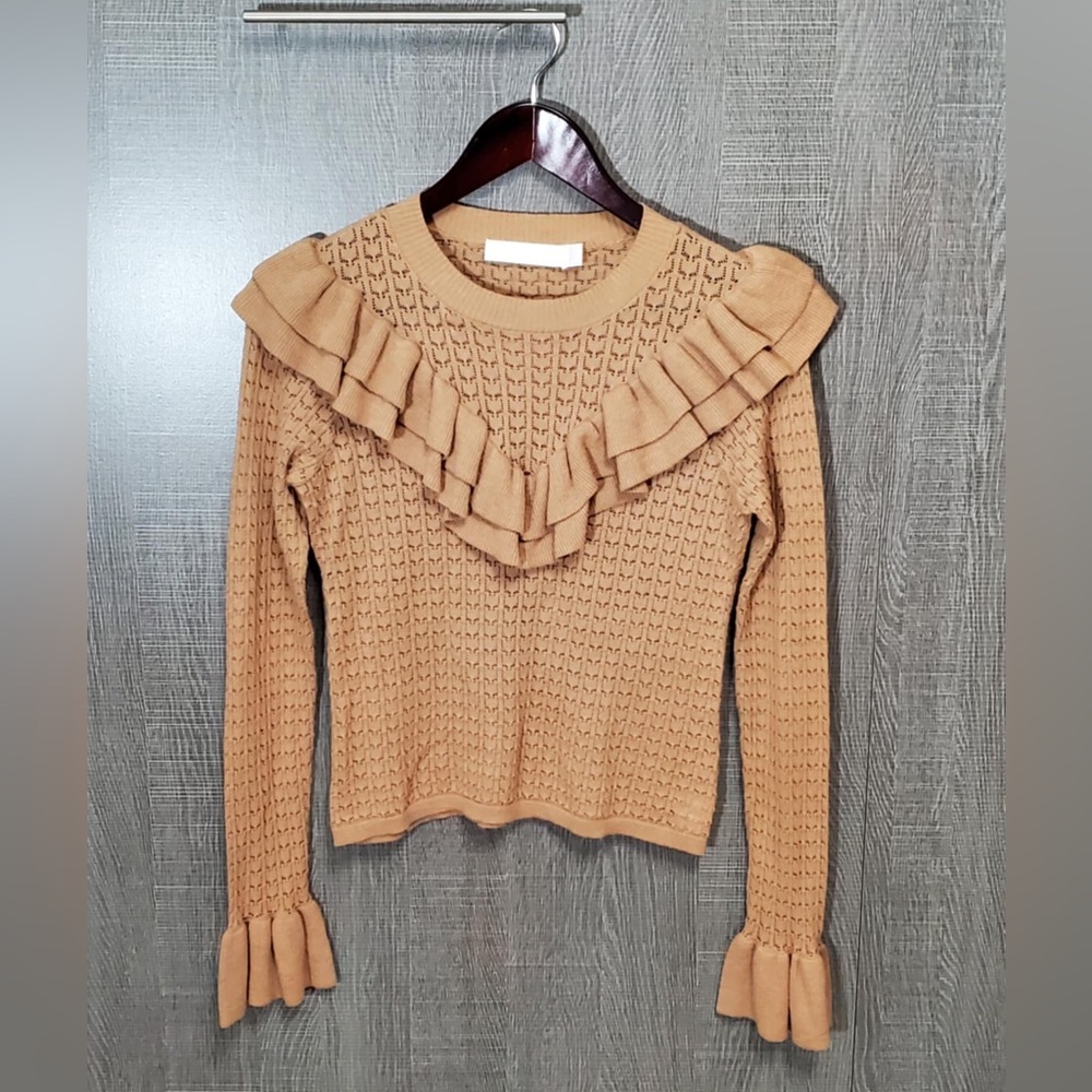 Rachel Parcell Pointelle Ruffle Sweater Beige Tan Size XS - Picture 2 of 8